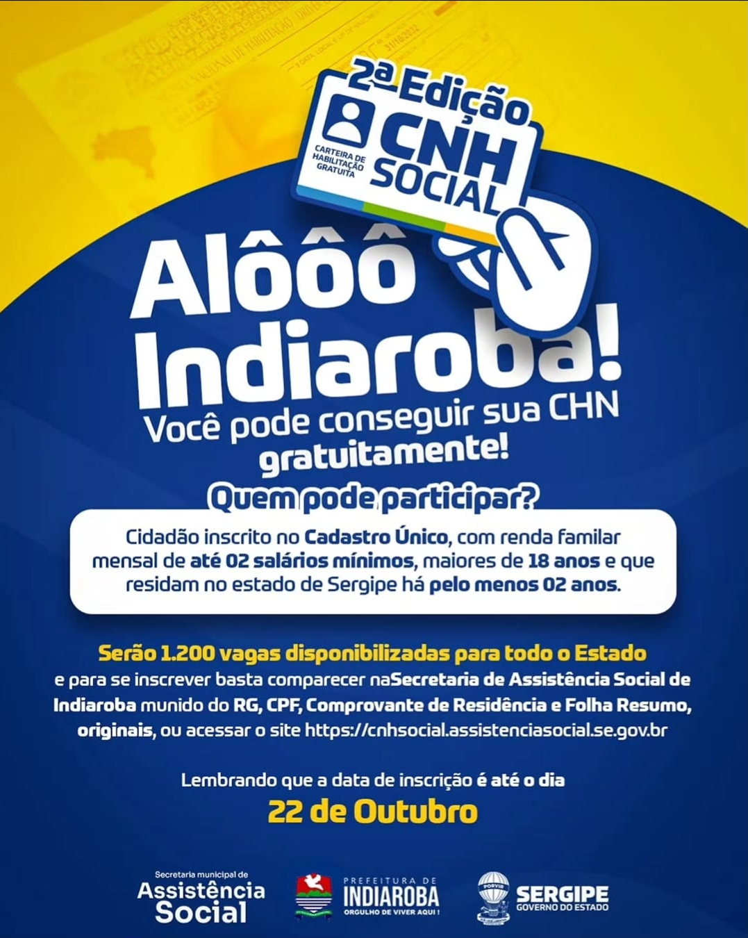 🚘 Alô, Indiaroba! Sua oportunidade de conquistar a CNH gratuitamente chegou!