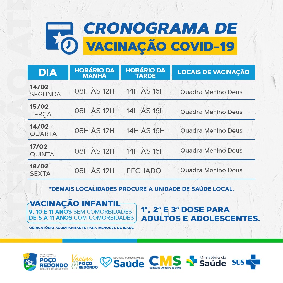 Cronograma de Vacinação – COVID-19 14 de Fevereiro – Atualizado