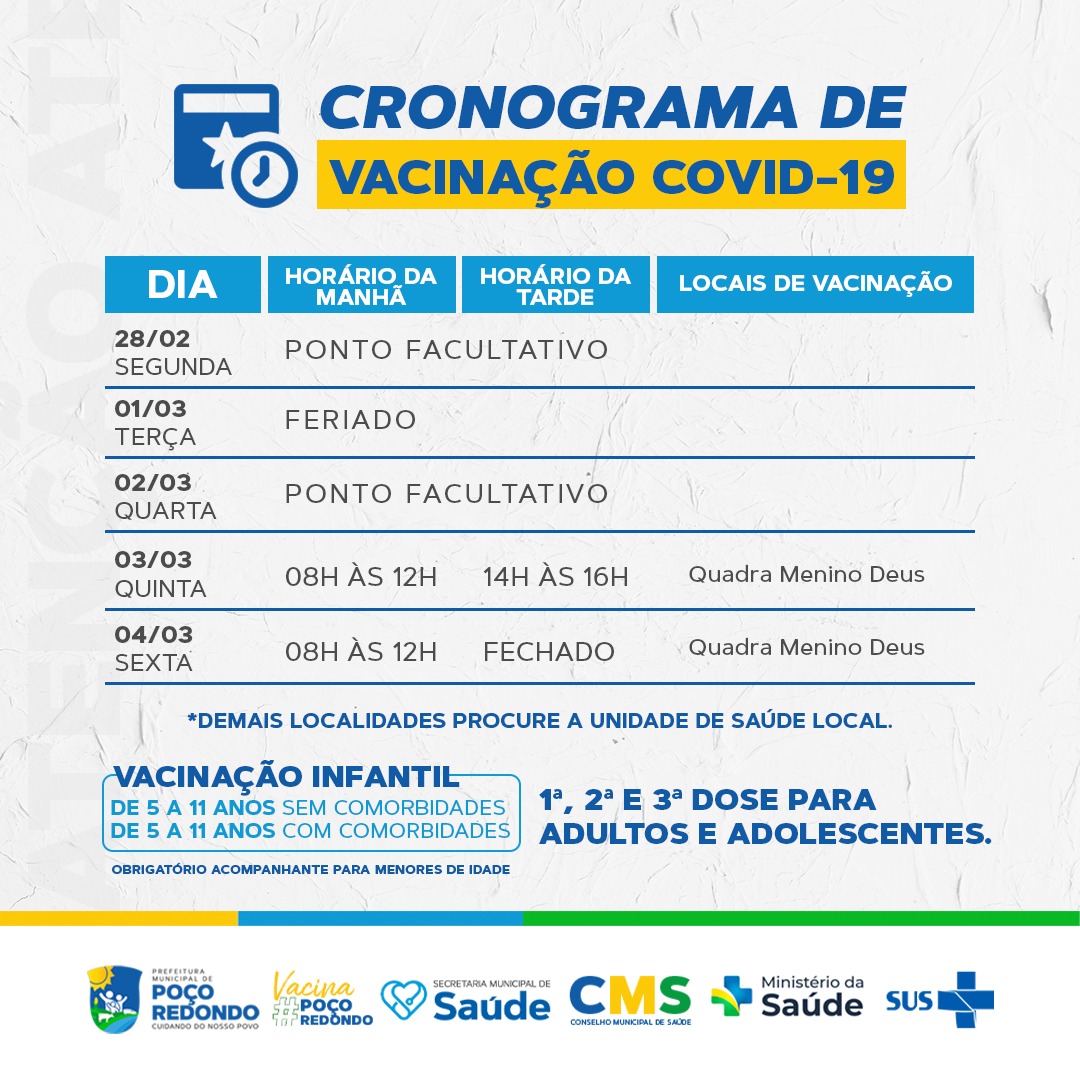 Cronograma de vacinação – COVID 19 28 de Fevereiro – Atualizado