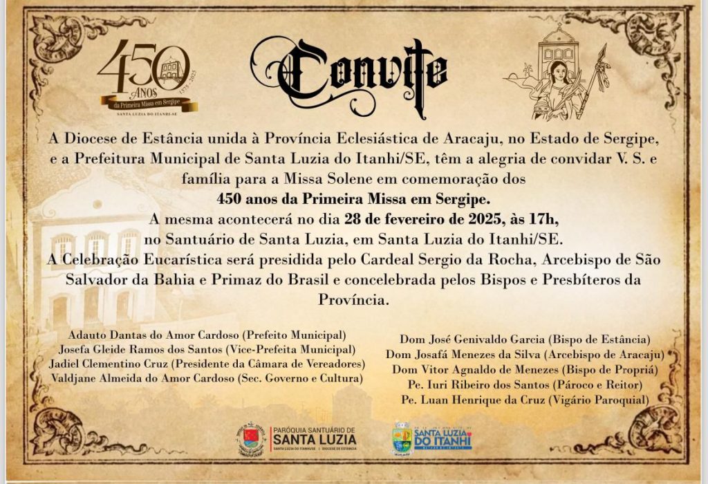 Celebração dos 450 anos da Primeira Missa em Sergipe será realizada no dia 28 de fevereiro