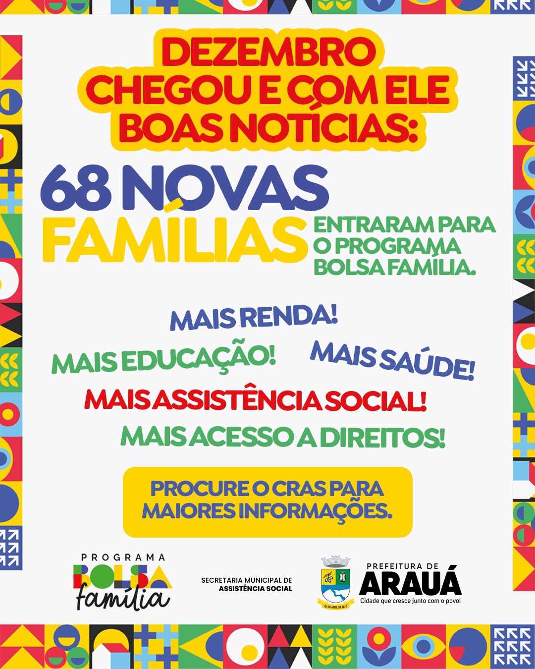 68 novas famílias foram contempladas pelo Programa Bolsa Família.
