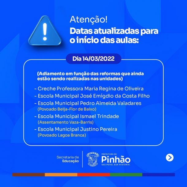 ATENÇÃO! DATAS ATUALIZADAS PARA INÍCIO DAS AULAS